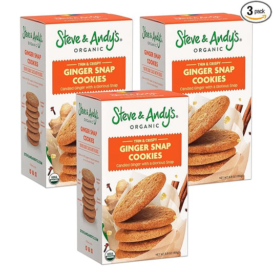 Steve & Andy’s Thin, Crispy & Scrumptious Ginger Snap Cookies - Organic & Gluten Free, Non-Gmo, Nut Free, Wheat Free, Soy Free - 3 Boxes, 16.5 Oz (30 Cookies)