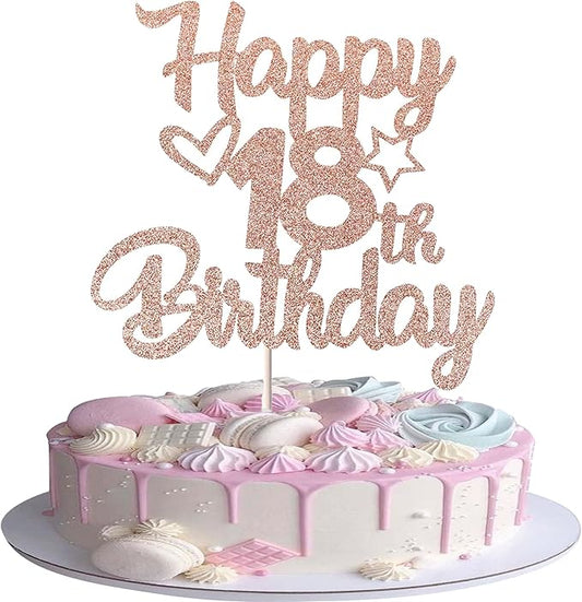 1 Pack Happy 18th Birthday Cake Topper Glitter Heart Star 18 Fabulous Cake Pick Birthday Sign Cake Decorations for 18th Birthday Theme Party Supplies Rose Gold