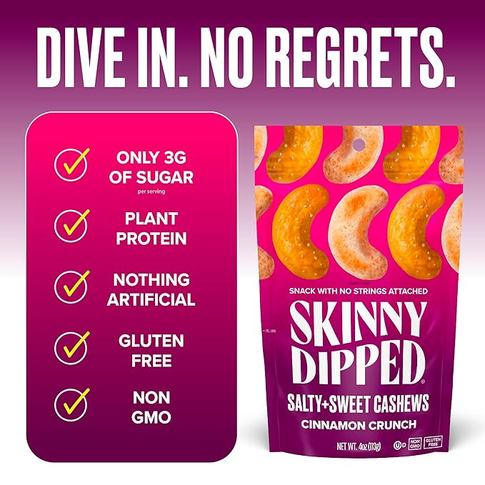 SkinnyDipped Salty + Sweet Cinnamon Crunch Cashew, Healthy Snack, Plant Protein, Gluten Free, 4 oz Resealable Bags, Pack of 5