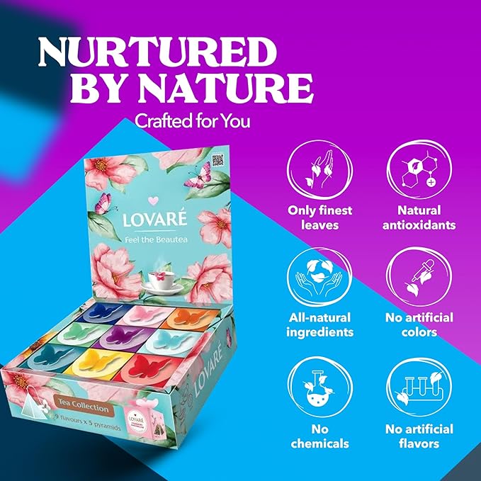 LOVARE Assorted Tea Pyramid Bags 45 Pack - Made in Ukraine - 9 Tastes of Tea Sampler Pyramids - Assortment with Black and Green Tea, Fruits, Flowers, Berries - Flavored Gift Box