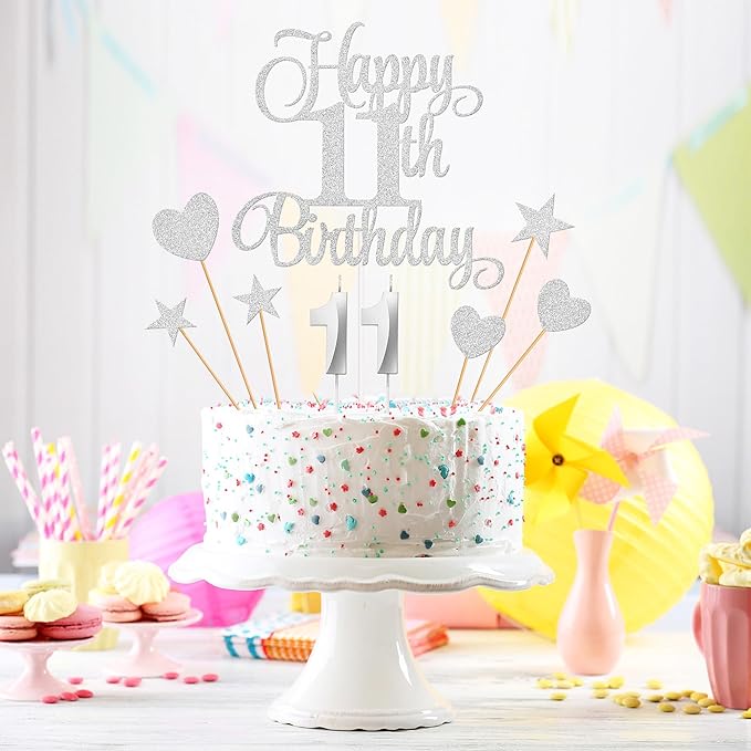 11th Birthday Cake Decorations, 11th Birthday Candles Cake Numeral Candles and Glitter Happy 11th Birthday Cake Toppers Set for Birthday Party Supplies (Silver)