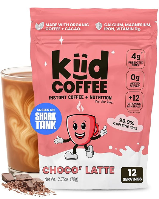 Kiid Coffee - 99.9% Caffeine-Free Organic Coffee for Kids - As Seen on Shark Tank - 12 Vitamins & Minerals, 4g Prebiotics, 0g Sugar - Non-GMO & Gluten-Free - Healthy Snack - Chocolate - 12 Servings