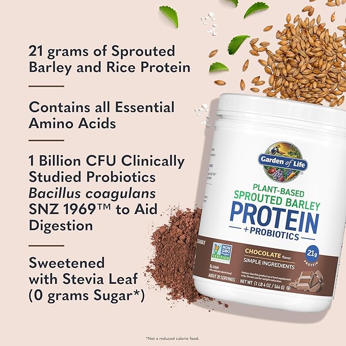 Garden of Life Plant-Based Sprouted Barley Protein, Chocolate with 21g Protein, 0g Sugar & Clean Ingredients, Upcycled Barley, Probiotics, Non-GMO, use in Shakes, Smoothies & Baking, 20 Servings