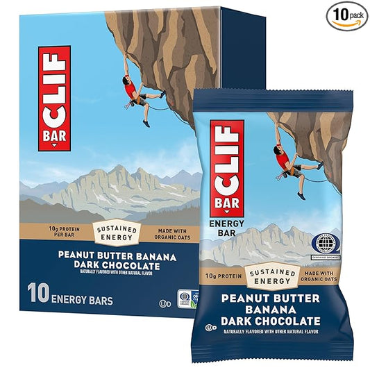 CLIF BAR - Peanut Butter Banana with Dark Chocolate Flavor - Made with Organic Oats - Energy Bars - Non-GMO - Plant Based Protein Bars (10 Pack)