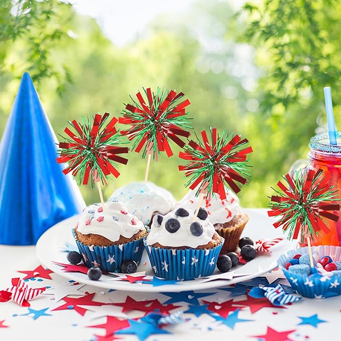 Rsstarxi 30 Pack Firework Cupcake Toppers Birthday Cake Decorations Tinsel Flower Drink Stirrers Cocktail Food Fruit Toothpicks for Valentine's Day Birthday Wedding Party Green