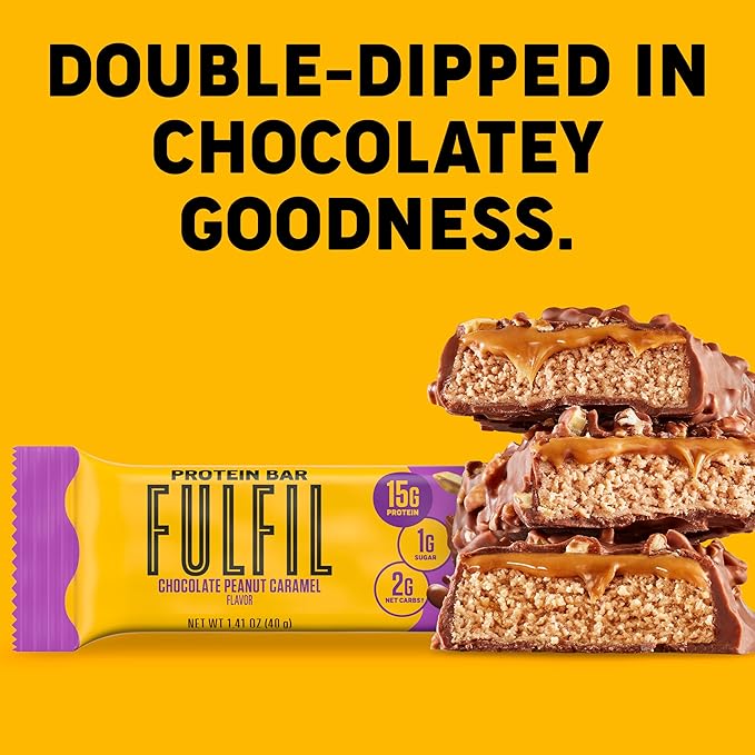 FULFIL Protein Snack Bars, Chocolate Peanut Caramel Flavored, Gluten Free with 15g Protein, Pantry Staples, 12 Count
