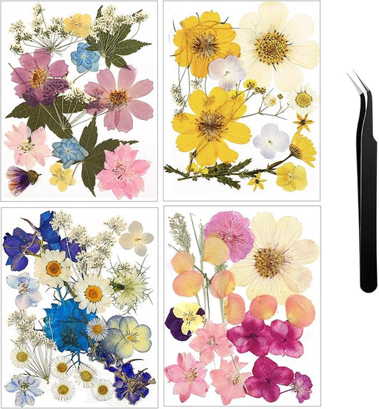 Nuanchu Pressed Flowers Bulk Dried Flower for Crafts, Dried Wildflowers Leave Natural with Tweezer for Resin Mold Scrapbooking Nail Soap Making DIY (Watercolor Style,Romantic Color)