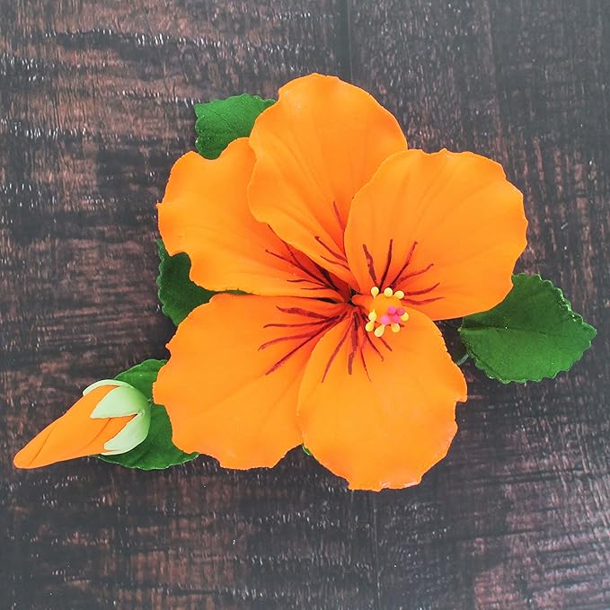 Global Sugar Art Hibiscus Sugar Cake Flowers Spray, Orange Hawaiian Cake Flower Large, 1 Count by Chef Alan Tetreault