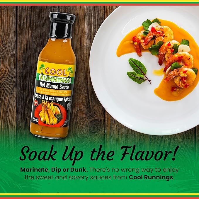 Cool Runnings Hot Mango Sauce, 350 ml - Tangy and Spicy Caribbean Marinade and Sauce for Glazing, Dipping, and Adding Heat to Chicken, Seafood, and Vegetables