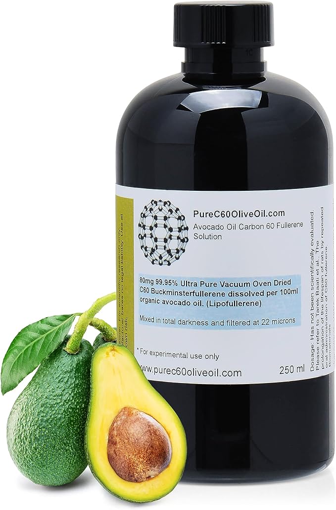 PureC60OliveOil C60 Organic Avocado Oil 250ml / 8.5 Fl Oz - 99.95% Carbon 60 Solvent Free 200mg - Food Grade - Carbon 60 Avocado Oil - from The Leading Global Producer