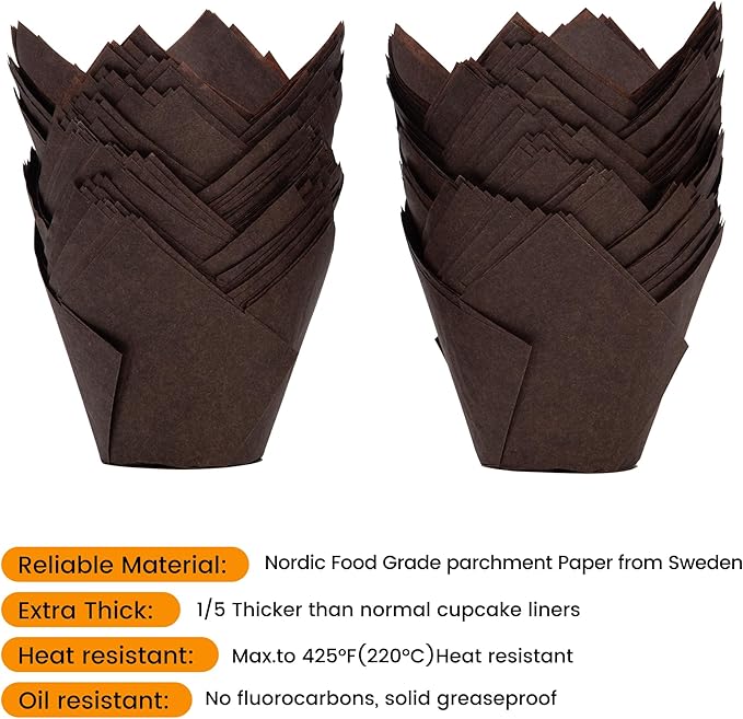 Nordic Paper100pcs Large Size Brown Tulip Cupcake Liners for Baking Cups EU Parchment paper Tulip Muffin Liners, Cupcake Wrapper for Party, Christmas
