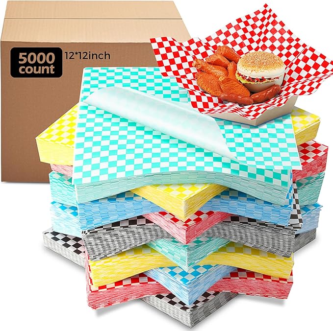 Sieral 5000 Sheets Sandwich Wrap Sheet 12 x 12 Inch Wax Paper Bulk Fast Food Basket Liners Disposable Parchment Paper Grease Resistant for Party Restaurant Wrapping(Colorful)