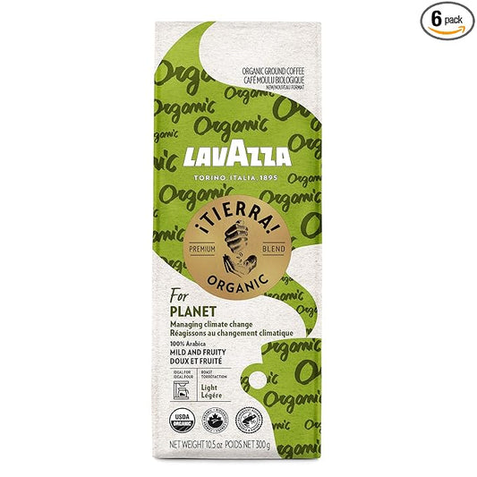 Lavazza 징Tierra! Organic Planet Ground Coffee Light Roast, 10.5 Oz Authentic Italian, Value Pack, Blended And Roated in Italy, 100% USDA Organic Arabica coffees (Pack of 6)