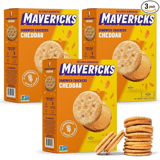 Mavericks Sandwich Crackers Cheddar - Cheese Filled Whole Grain Sandwich Cracker Snack Packs, Non-GMO - 7 oz Box (3 Pack)