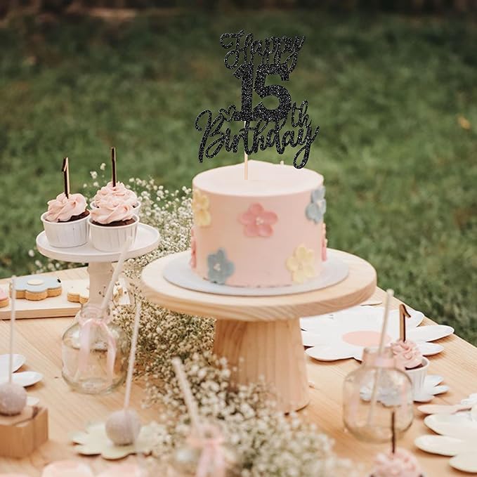 1 PCS Happy 15th Birthday Cake Topper Glitter Cheers to 15 Years Birthday Cake Pick Sweet 15 Fabulous Cake Decoration for Happy 15th Birthday Anniversary Theme Party Decorations Supplies Black