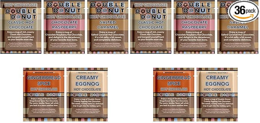 Double Donut Flavored Hot Chocolate Packets Variety Pack,18 Count Includes Classic, Chocolate Raspberry, Salted Caramel & Peppermint (Pack of 2)