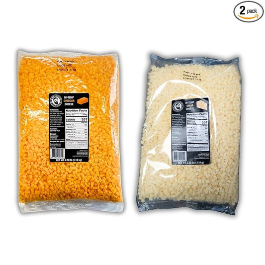 Bearded Butchers High-Temp Cheddar & Swiss Cheese, Pack of 2 (2.5 lb Bags Each) ??5 lbs Total, Shelf-Stable 1/4-Inch Cubes for Up to 25 lbs of Meat Per Bag, 400째F High-Temperature Cheese ??Great for Homemade Sausages, Brats, Burgers, and More