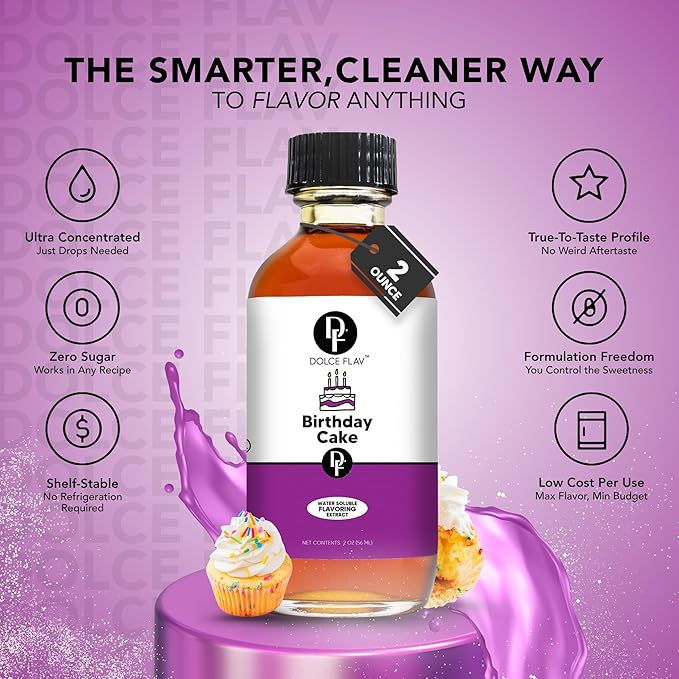 Dolce Flav Birthday Cake Extract ??2 Ounce Water-Soluble Kosher, Sugar-Free, Concentrated Festive Cake Flavoring for Frostings, Cupcakes & Desserts, Includes Measured Dropper