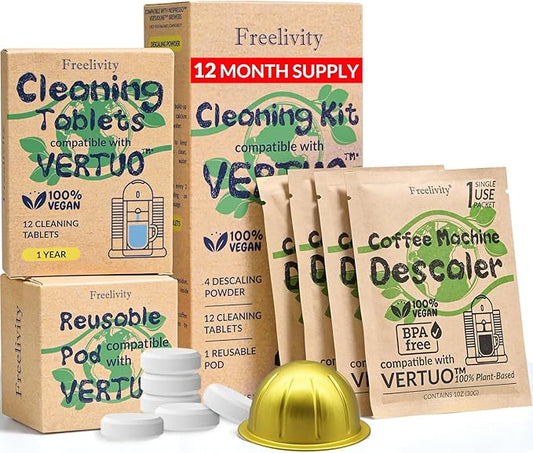 Nespresso Compatible Vertuo Cleaning & Descaling Kit ??1 Year Supply. Includes 4 Descaling Powder Solution, 12 Cleaning Tablets, 1 Reusable Pod, Eco-Friendly Vertuoline Maintenance Kit
