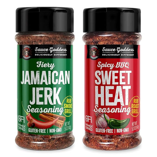Sauce Goddess - Spicy BBQ Sweet Heat & Fiery Jamaican Jerk Duo Premium Spices, No MSG, No Additives, Plant-Based, Shakers for Meat & Veggies - 2-Pack