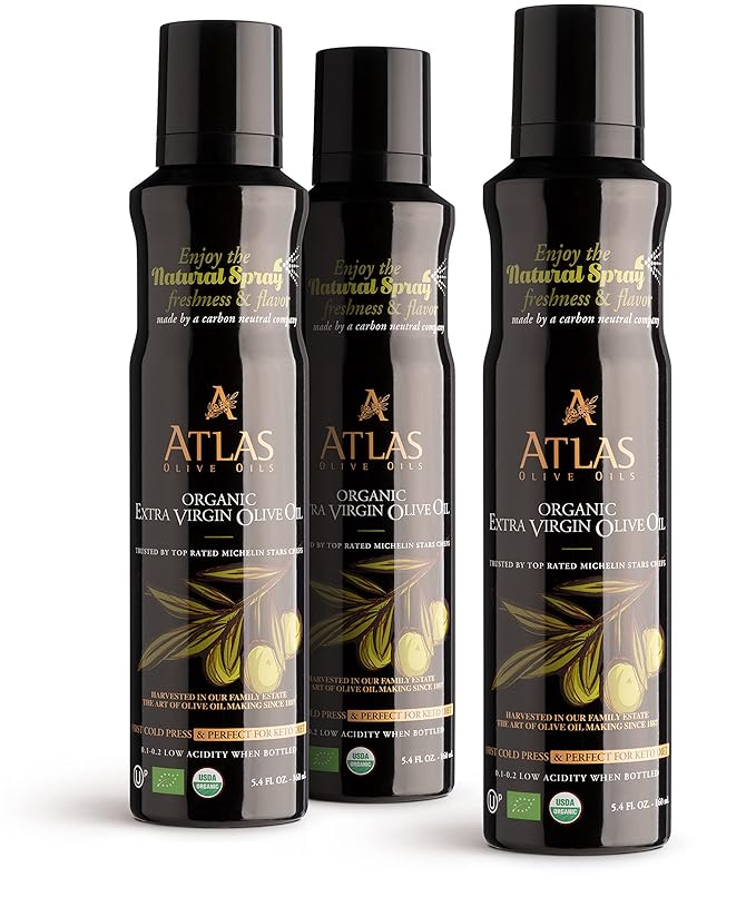 Cooking Oil by Atlas, Extra Virgin Olive Oil Spray, Dual Function Spray and Stream, 5.4 fl oz, 3 Pack, Non Stick, Polyphenol Rich Moroccan EVOO, Cold Pressed, Hydroxytyrosol Keto