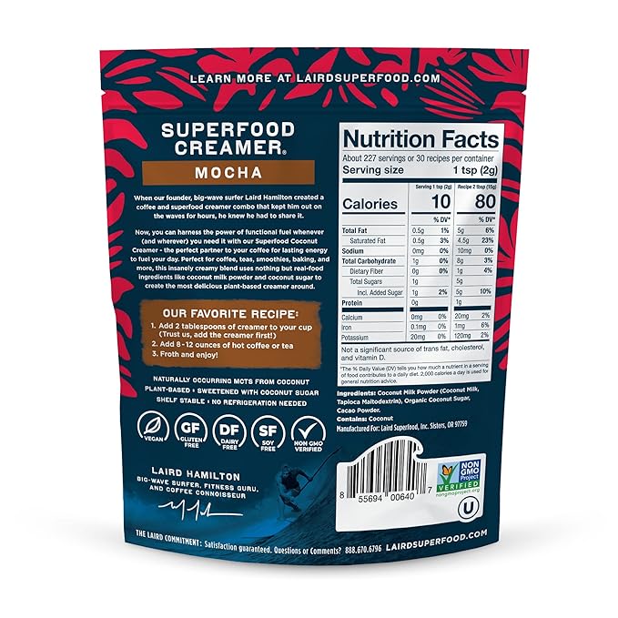Laird Superfood Non-Dairy Coffee Creamer Mocha, Shelf-Stable Superfood Non-Dairy Powder Creamer, Gluten Free, Non-GMO, Vegan, 16 oz. Bag, Pack of 1