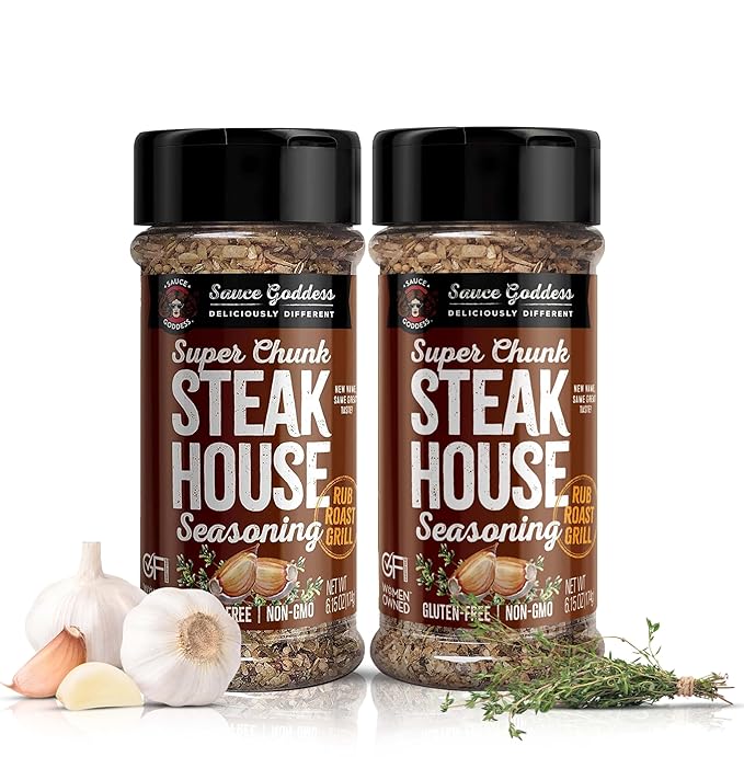Sauce Goddess Super Chunk Steakhouse Spice Shaker (2-Pack) - Versatile, Delicious Steak Seasoning, BBQ Rub for Chops, Chicken and Veggies! Gluten-Free, Vegan, and No Sugar