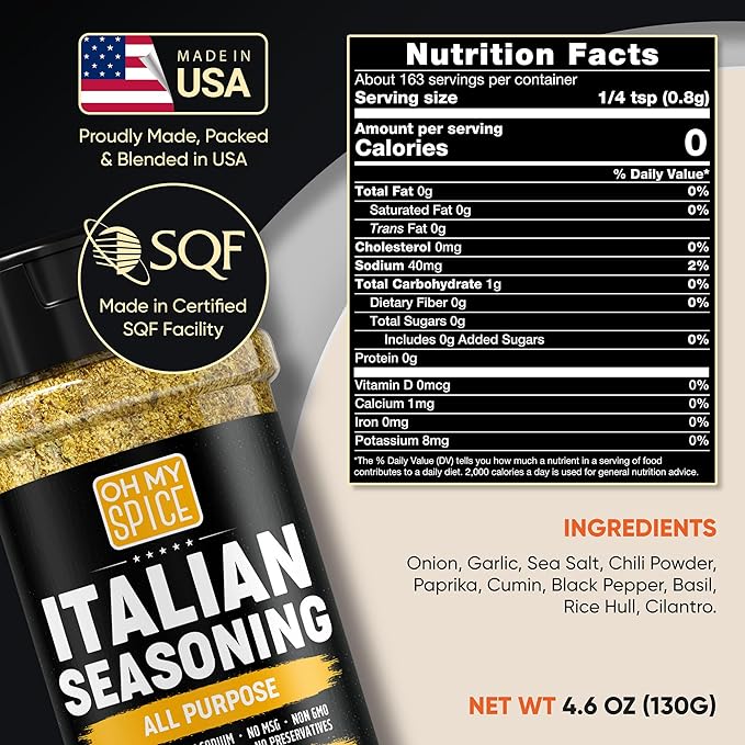 Italian Seasoning Blend All Purpose Seasoning Mix - Gluten Free & Low Sodium Pizza Seasonings for Bruschetta & Spaghetti. Mediterranean Everything Spice Herbs for Italian Food. Pizza Toppings. 4.6oz