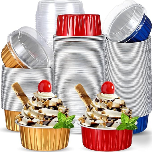 150 Pcs Cupcake Liners with Lids 5 oz Aluminum Foil Cupcake Baking Cups Disposable Ramekins Muffin Cups Mini Aluminum Pans with Lids Holder for Creme Brulee(Gold, Red, Royal Blue)
