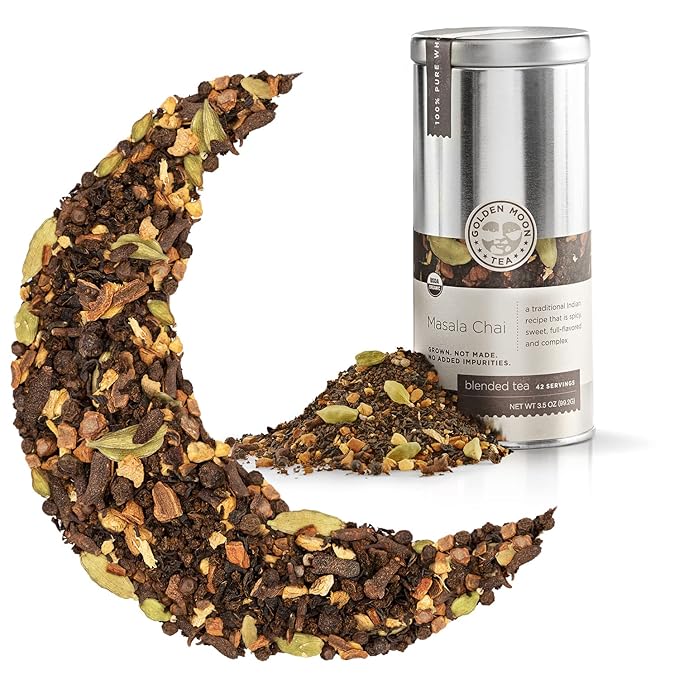 Golden Moon Tea Organic Masala Chai Black Tea - Pure & Authentic Blend - Loose Leaf, Non-GMO - Travel Tin (9 Servings)