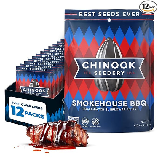 Chinook Seedery Roasted Jumbo Sunflower Seeds - Keto Snacks, Gluten-Free, Non-GMO, Smokehouse BBQ 4 oz (12-Pack)