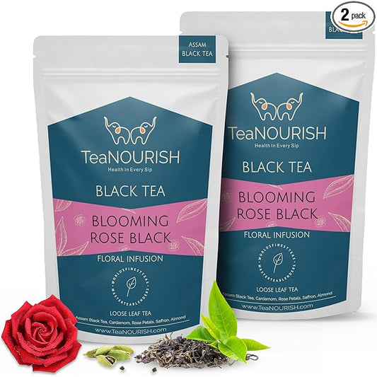 TeaNOURISH Blooming Rose Black Tea | Assam Loose Leaf Tea | Robust & Flavorful | Blended with Rose Petals, Cardamom, Saffron & Almond - 3.53oz/100g (Pack of 2)