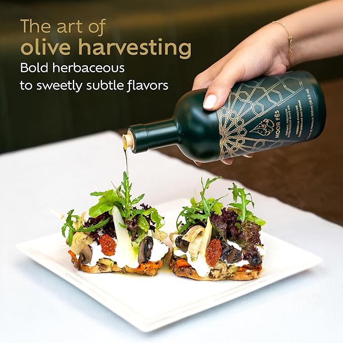 NOOR FÈS 20+ Awards EVOO | Polyphenol Rich 584 mg/kg | USDA Organic Extra Virgin Olive Oil | Moroccan Picholine | Cold Pressed Olive Oil | Great Gift for Chefs | 17 Oz