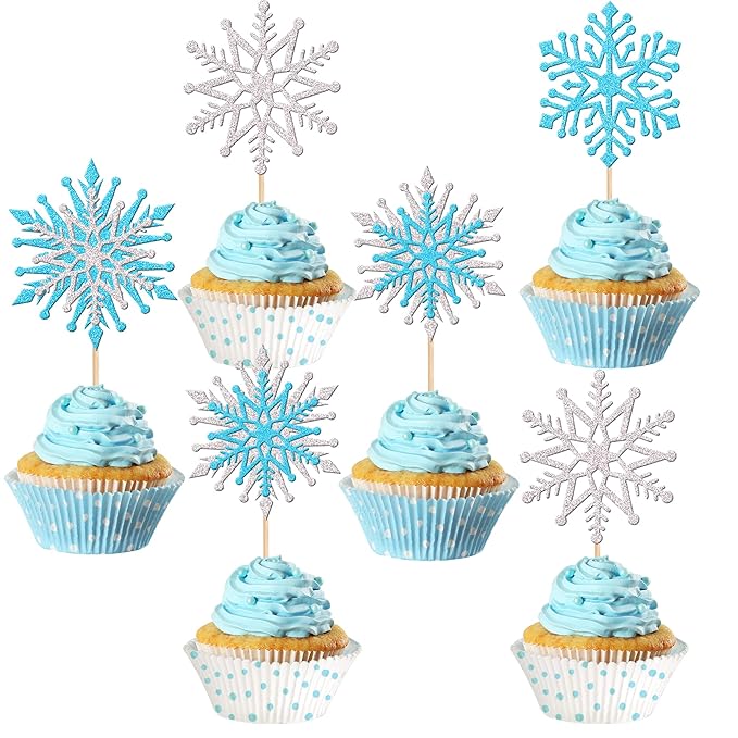 24 PCS Glitter Snowflake Cupcake Toppers Winter Frozen Theme Cupcake Picks Winter Wonderland Cake Decorations for Snowflake Theme Baby Shower Birthday Merry Christmas Party Supplies Blue Silver