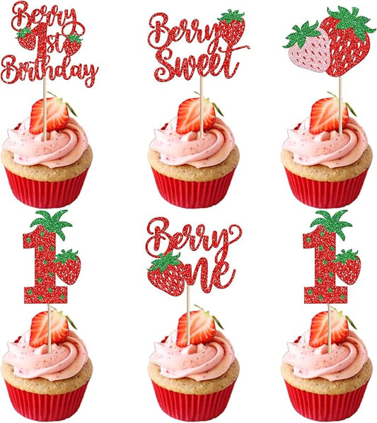 30 Pack Sweet One Cupcake Toppers Glitter First Birthday Strawberry Cupcake Picks for Fruit Baby Shower 1st Birthday Berry One Sweet Cake Decorations Party Supplies Red