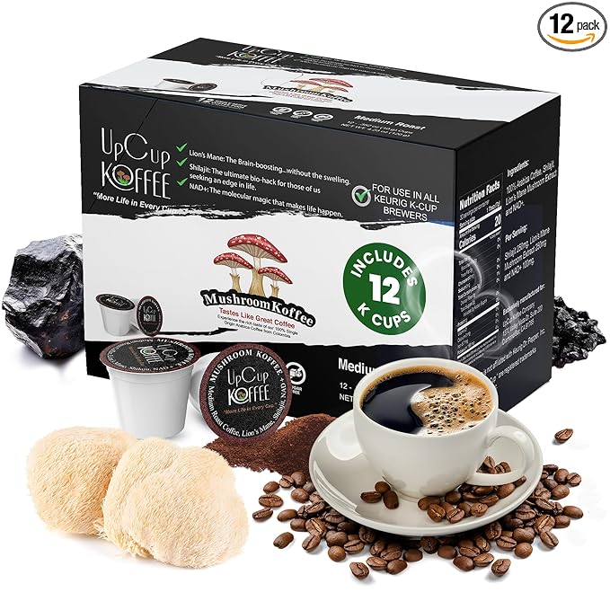UpCup Koffee Functional Mushroom Coffee K Cups - 100% Arabica Coffee Beans with Lions Mane, NAD+, & Himalayan Shilajit for Immune Support, Energy Blast, & Cognitive Boost - 12 Pack