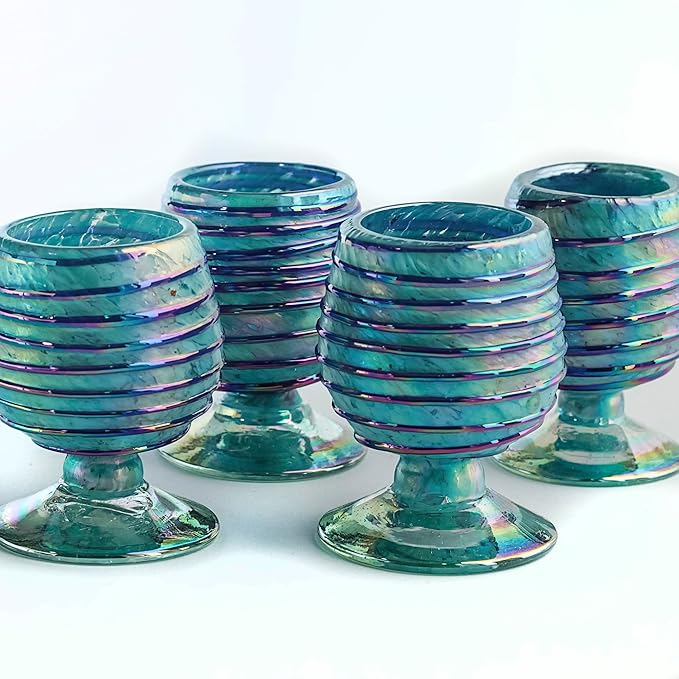 Authentic Mexican Tequila Hand Blown Shot Glasses - Set of 4-2 oz - Mini Glass Snifters - Heavy Base - Cognac (Sapphire Spiral)