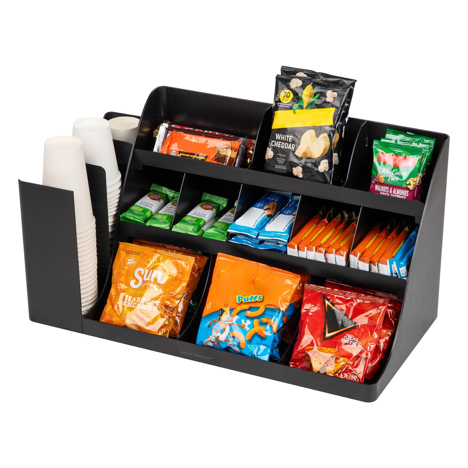 Mind Reader Large Cup and Condiment Station, 14-Compartment Countertop Coffee Organizer for Cups