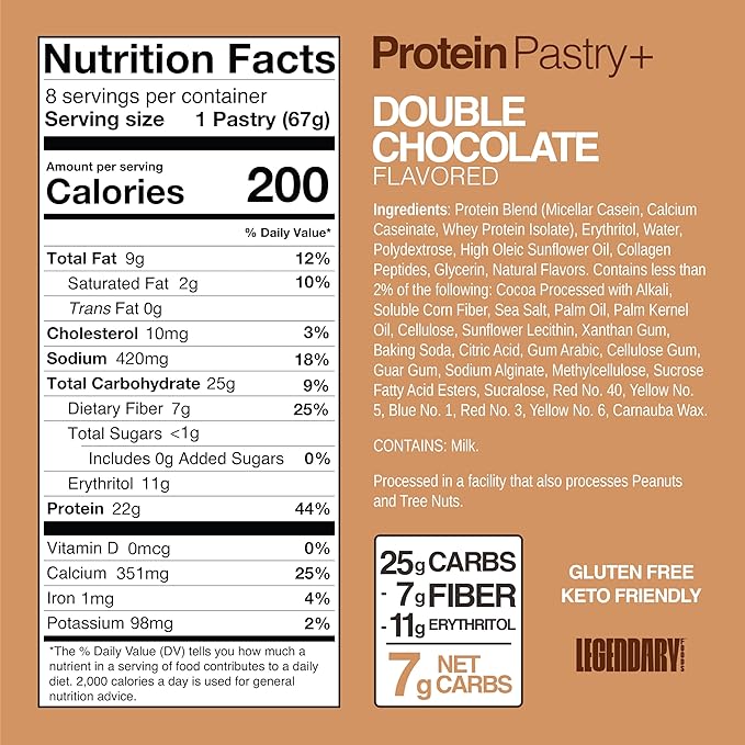 Legendary Foods 22g Protein Pastry+ Double Chocolate, Low Carb Meal Replacement Bar, Low Glycemic, Gluten Free Protien Snacks, Healthy Keto Snack, 8 Zero Sugar Energy Bars, Bariatric Diabetic Friendly