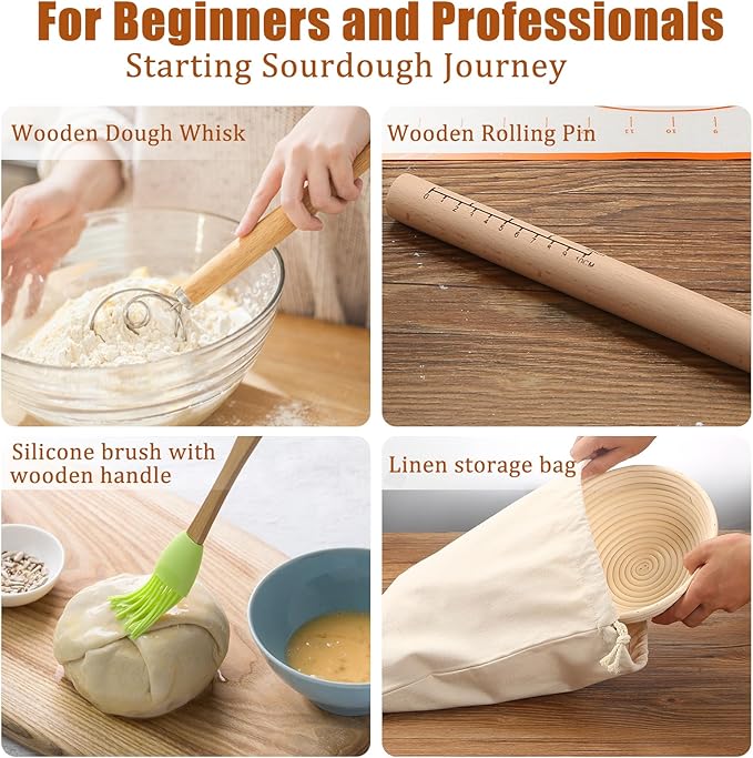Panny Banneton Basket, Banneton Bread Proofing Basket with Liners, 9" Round & 10" Oval Sourdough Starter Kit, Sourdough Bread Baking Supplies, Bread Making Tools, Natural Rattan Proofing Bowls Baskets