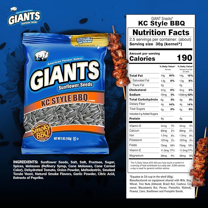 GIANTS KC Style BBQ Sunflower Seeds - Sunflower Seeds Bulk, Roasted Sunflower Seeds to Eat, BBQ Flavor, Healthy Snack with 8g Protein Per Serving - 5 oz Resealable Bags (Pack of 3)