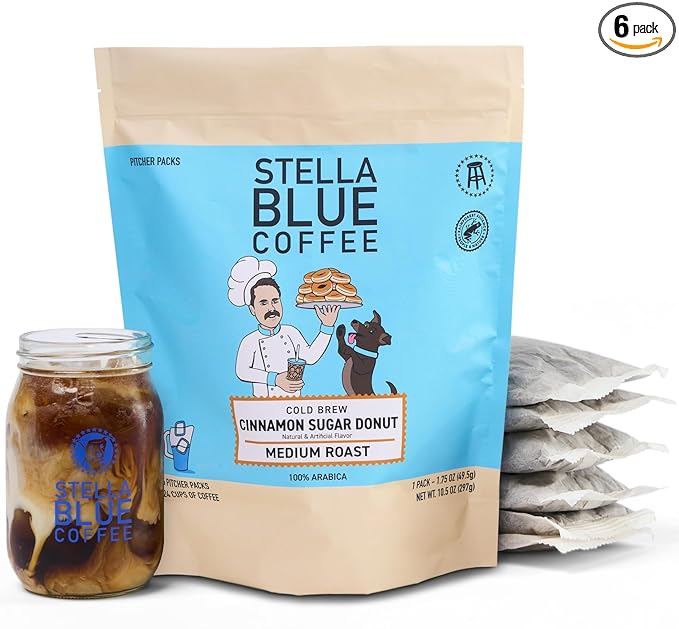 Stella Blue Cold Brew Coffee Packets, Cinnamon Sugar Donut, Medium Roast Ground Coffee, Warm Cinnamon, Sweet Sugar and Donut Pastry Notes, 100% Arabica, 6 Brew Packets, Makes 24 Bold Cups