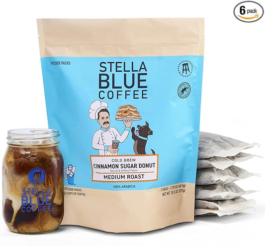 Stella Blue Cold Brew Coffee Packets, Cinnamon Sugar Donut, Medium Roast Ground Coffee, Warm Cinnamon, Sweet Sugar and Donut Pastry Notes, 100% Arabica, 6 Brew Packets, Makes 24 Bold Cups