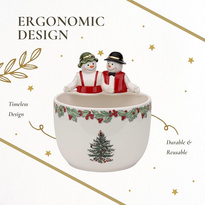 Spode Christmas Tree 9-Inch Candy Bowl - Mr. & Mrs. Snowman Decorative Earthenware Bowl for Serving Candy, Nuts, Holiday Treats - Festive Tableware & Charming Holiday Decor - Dishwasher Safe