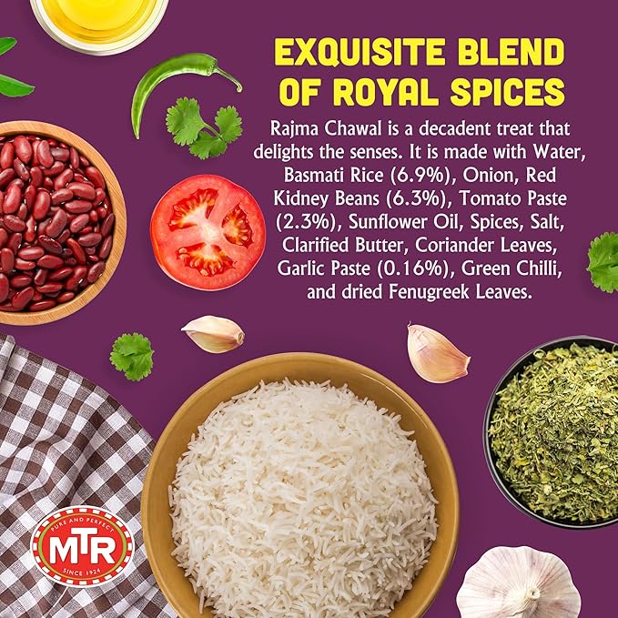 MTR Ready-To-Eat: Rajma Chawal - Red Kidney Beans Rice - Microwavable Rice Packs for Instant Meals - Delicious & Nutritious Rice Ready in Minutes - Suitable for Vegetarians with Natural Ingredients - (Pack of 6)