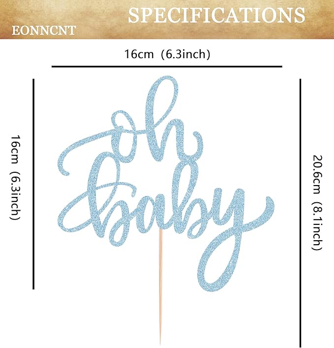 Oh Baby Cake Topper - Light Blue Glitter Baby Shower Cake Decorating Supplies for Boys or Girls, Baby Shower Cake Topper for Gender Reveal Baby Birthday Party Photo Booth Props