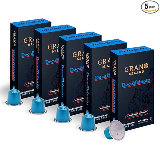 Grano MIlano Decaffeinato - 50 Aluminium Coffee Pods Compatible with Nespresso Original line - Intensity 7, Medium Roast Coffee Capsules Made in Italy