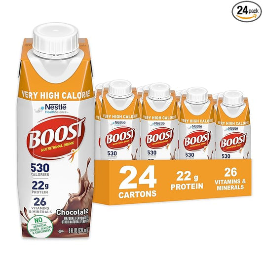 BOOST Very High Calorie Nutritional Drink ??Helps Weight Gain & Maintenance - 530 Calories - 26 Vitamins & Minerals - 22 g Protein - Calorie-Dense Nutritional Drink - Chocolate - 8 fl oz (Pack of 24)