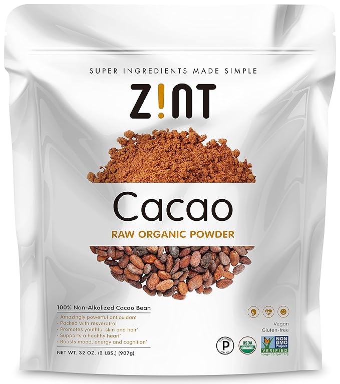 Zint Organic Cacao Powder (32 oz): Paleo-Certified, Organic, Non GMO, Anti Aging Antioxidant Superfood, Gluten Free Cocoa Cacao Beans, Pure Delicious Chocolate Essence, 32 Ounce