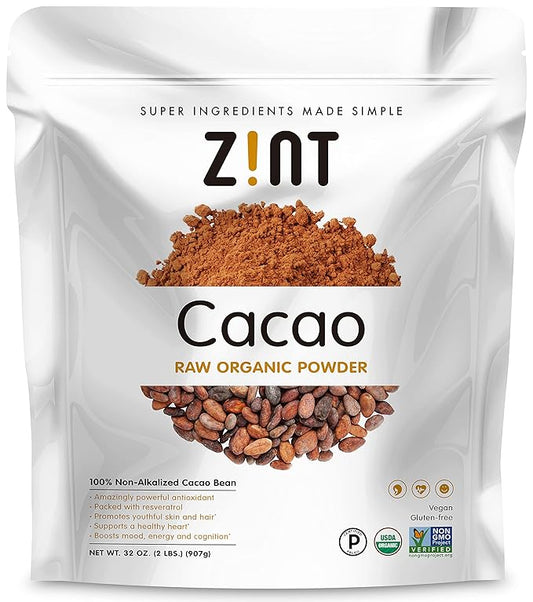 Zint Organic Cacao Powder (32 oz): Paleo-Certified, Organic, Non GMO, Anti Aging Antioxidant Superfood, Gluten Free Cocoa Cacao Beans, Pure Delicious Chocolate Essence, 32 Ounce